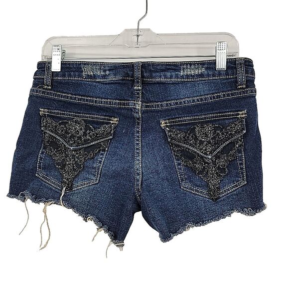 Rue 21 Junior Cut Off Shorts Size 5/6 Distressed Black Stud Pockets Waist 30 - Picture 3 of 6